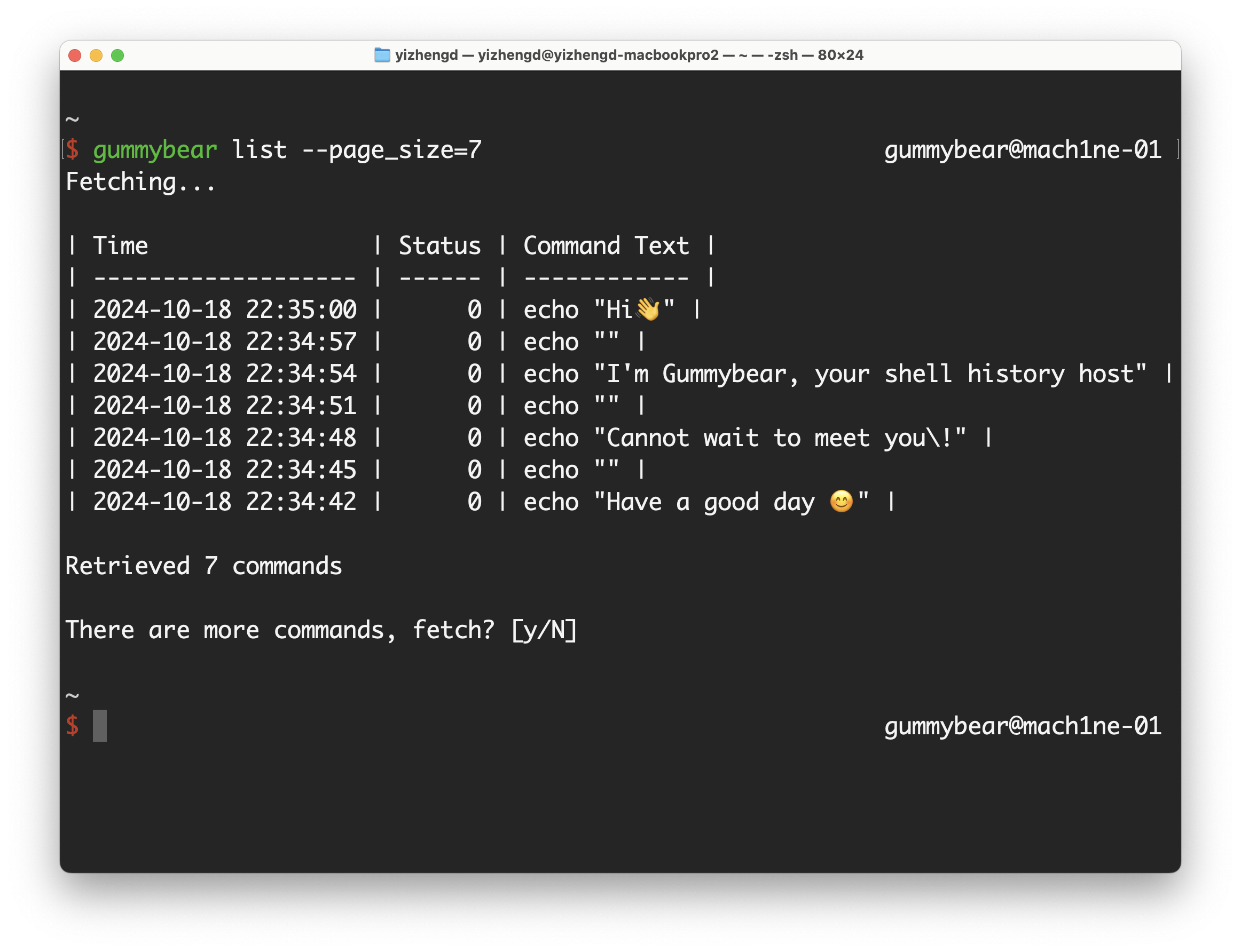 Terminal with executed command `gummybear list` and the output